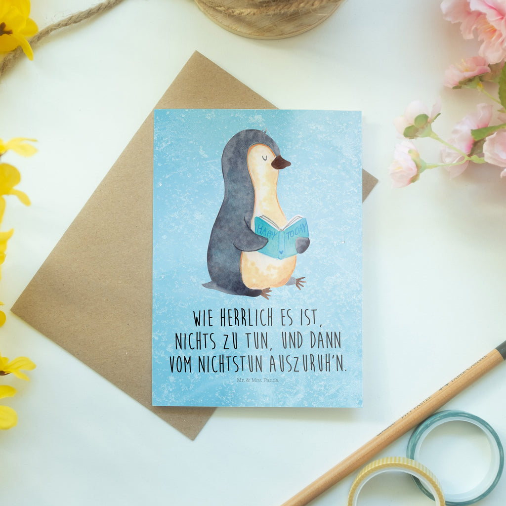 Grußkarte Pinguin Buch Klappkarte, Einladungskarte, Glückwunschkarte, Hochzeitskarte, Geburtstagskarte, Karte, Pinguin, Pinguine, Buch, Lesen, Bücherwurm, Nichtstun, Faulenzen, Ferien, Urlaub, Freizeit