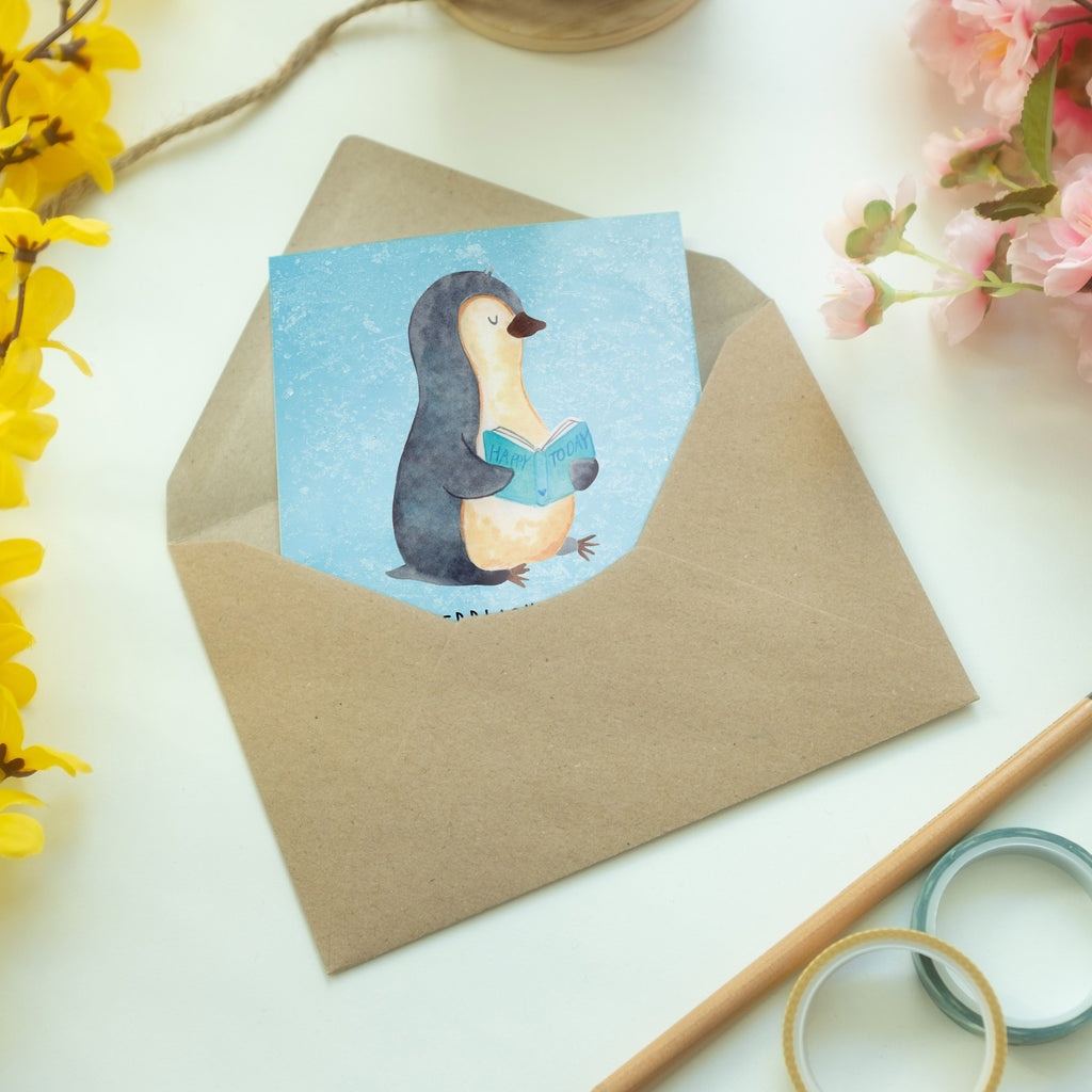 Grußkarte Pinguin Buch Klappkarte, Einladungskarte, Glückwunschkarte, Hochzeitskarte, Geburtstagskarte, Karte, Pinguin, Pinguine, Buch, Lesen, Bücherwurm, Nichtstun, Faulenzen, Ferien, Urlaub, Freizeit