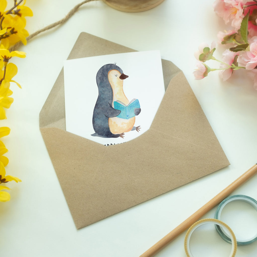 Grußkarte Pinguin Buch Klappkarte, Einladungskarte, Glückwunschkarte, Hochzeitskarte, Geburtstagskarte, Karte, Pinguin, Pinguine, Buch, Lesen, Bücherwurm, Nichtstun, Faulenzen, Ferien, Urlaub, Freizeit