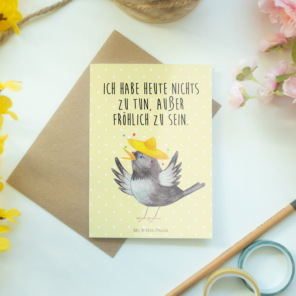 Grußkarte Rabe mit Sombrero Klappkarte, Einladungskarte, Glückwunschkarte, Hochzeitskarte, Geburtstagskarte, Karte, Tiermotive, Gute Laune, lustige Sprüche, Tiere, Rabe, Vogel, Vögel, Spruch positiv, fröhlich sein, glücklich sein, Glück Spruch, froh, Elster, Motivation