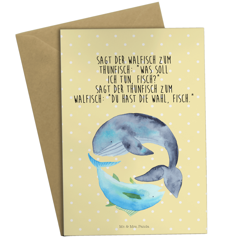 Grußkarte Walfisch & Thunfisch Klappkarte, Einladungskarte, Glückwunschkarte, Hochzeitskarte, Geburtstagskarte, Karte, Tiermotive, Gute Laune, lustige Sprüche, Tiere, Wal, Wahl, Tunfisch, Wortwitz lustig, Spruch lustig, Flachwitz, Witz, Spruch des Tages, Flachwitz Geschenk