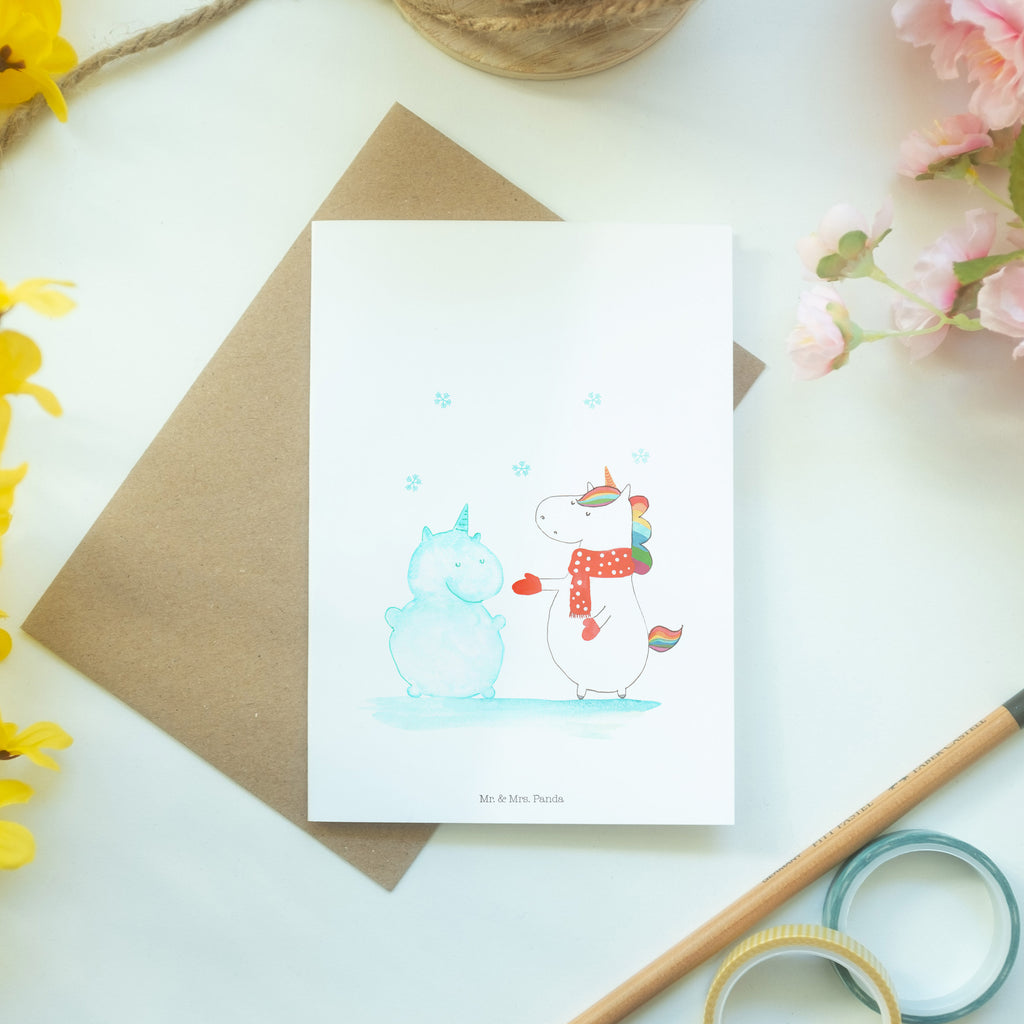Grußkarte Einhorn Schneemann Klappkarte, Einladungskarte, Glückwunschkarte, Hochzeitskarte, Geburtstagskarte, Karte, Einhorn, Einhörner, Einhorn Deko, Pegasus, Unicorn, Schneemann, Winter, Schnee, Kuchen, Weihnachten, kalt, Mütze, Handschuhe, X-Mas