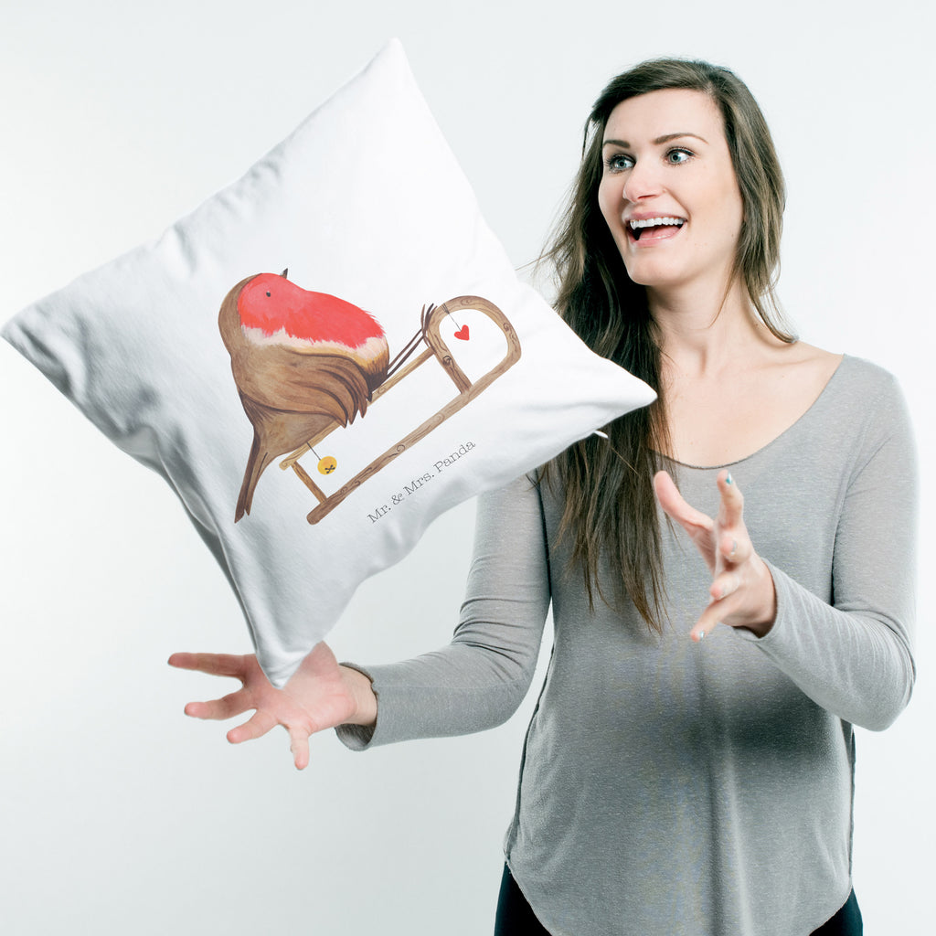 40x40 Kissen Rotkehlchen Schlitten Kissenhülle, Kopfkissen, Sofakissen, Dekokissen, Motivkissen, Winter, Weihnachten, Weihnachtsdeko, Nikolaus, Advent, Heiligabend, Wintermotiv, Schlitten, Vogel