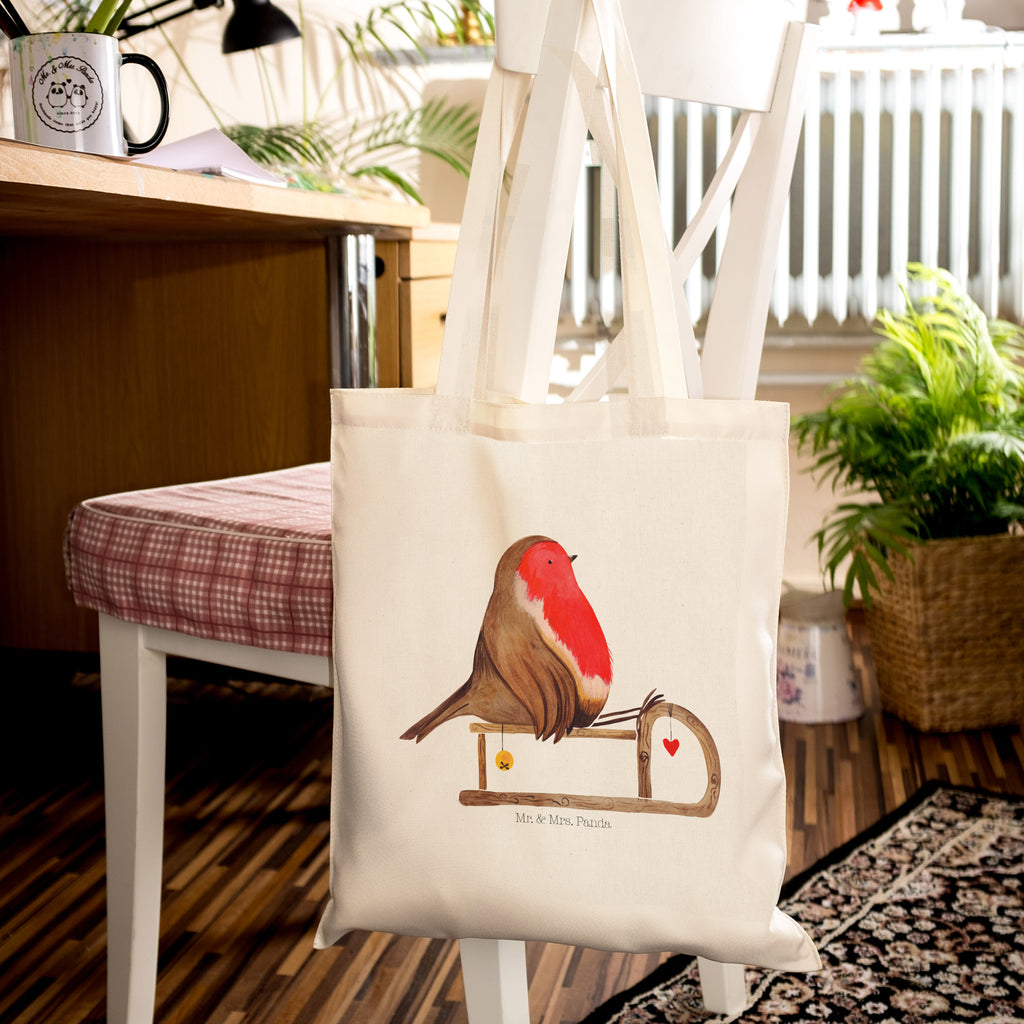 Tragetasche Rotkehlchen Schlitten Beuteltasche, Beutel, Einkaufstasche, Jutebeutel, Stoffbeutel, Winter, Weihnachten, Weihnachtsdeko, Nikolaus, Advent, Heiligabend, Wintermotiv, Schlitten, Vogel