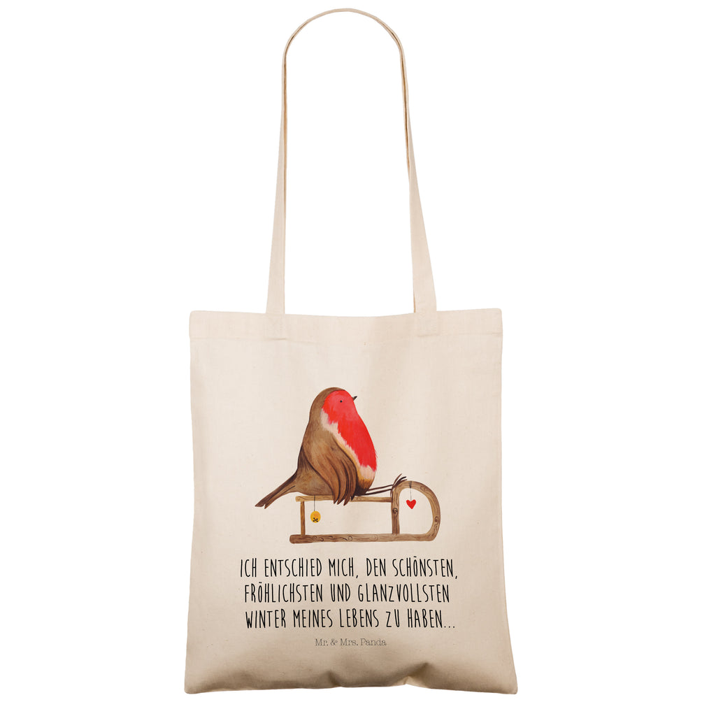 Tragetasche Rotkehlchen Schlitten Beuteltasche, Beutel, Einkaufstasche, Jutebeutel, Stoffbeutel, Winter, Weihnachten, Weihnachtsdeko, Nikolaus, Advent, Heiligabend, Wintermotiv, Schlitten, Vogel