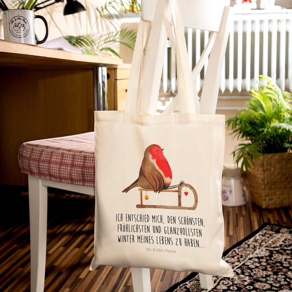 Tragetasche Rotkehlchen Schlitten Beuteltasche, Beutel, Einkaufstasche, Jutebeutel, Stoffbeutel, Winter, Weihnachten, Weihnachtsdeko, Nikolaus, Advent, Heiligabend, Wintermotiv, Schlitten, Vogel