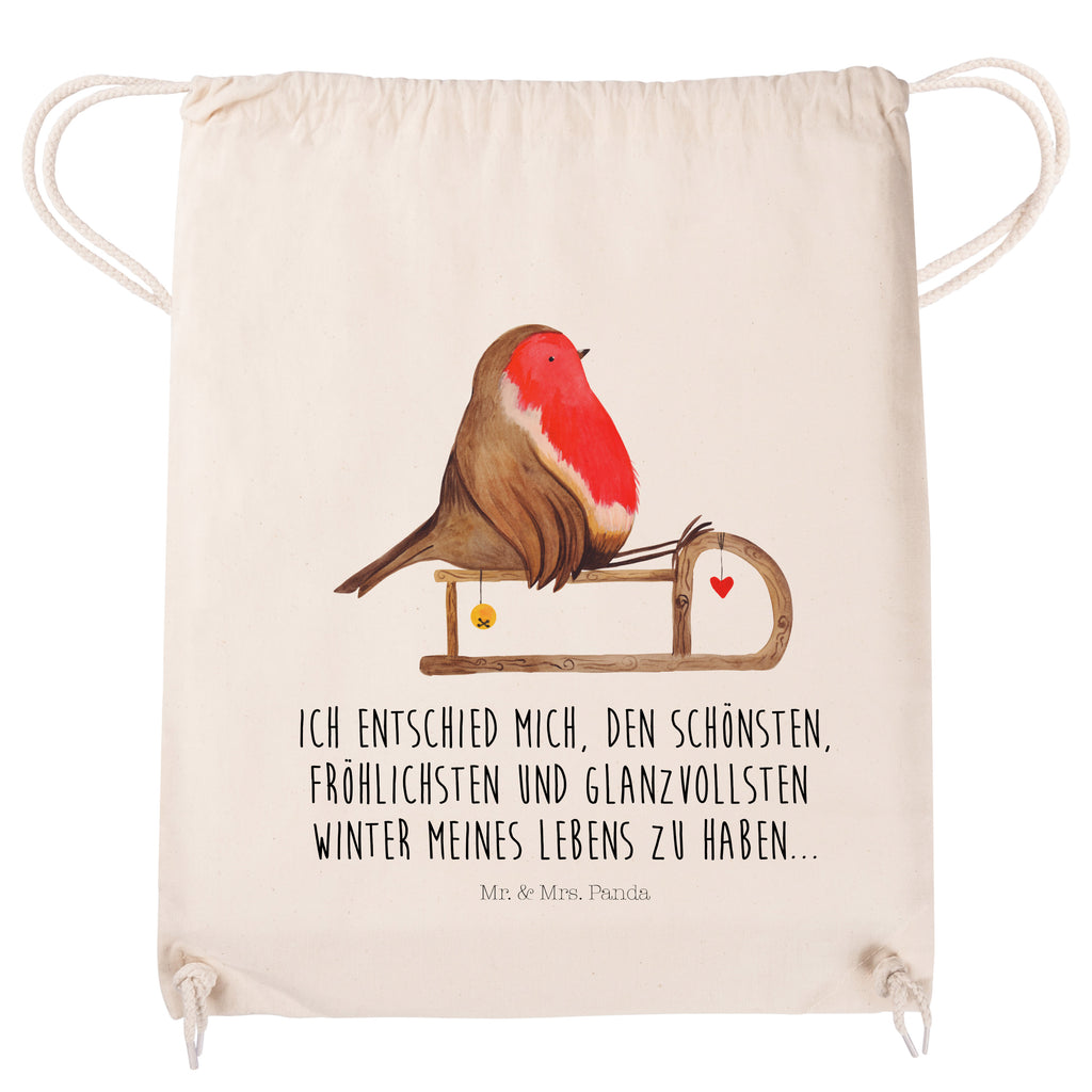 Sportbeutel Rotkehlchen Schlitten Turnbeutel, Beutel, Sporttasche, Tasche, Stoffbeutel, Winter, Weihnachten, Weihnachtsdeko, Nikolaus, Advent, Heiligabend, Wintermotiv, Schlitten, Vogel