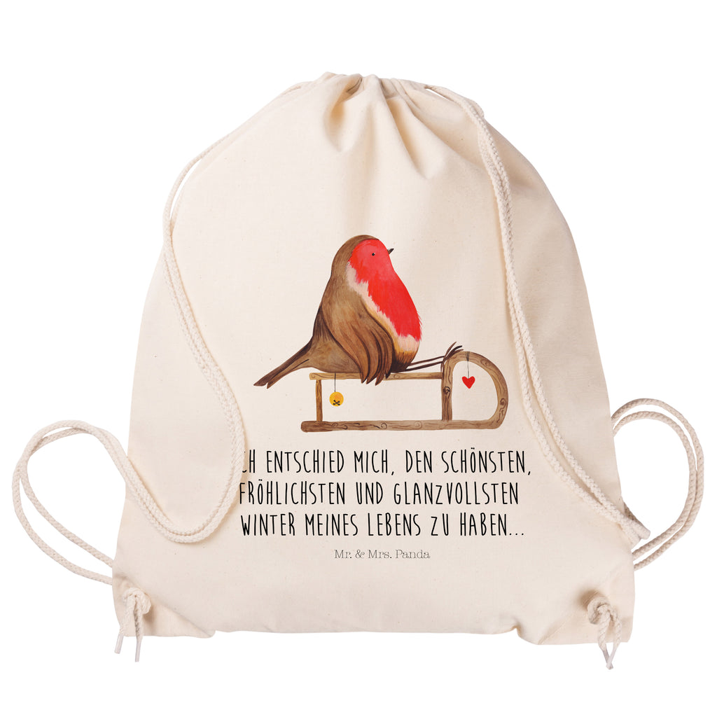 Sportbeutel Rotkehlchen Schlitten Turnbeutel, Beutel, Sporttasche, Tasche, Stoffbeutel, Winter, Weihnachten, Weihnachtsdeko, Nikolaus, Advent, Heiligabend, Wintermotiv, Schlitten, Vogel
