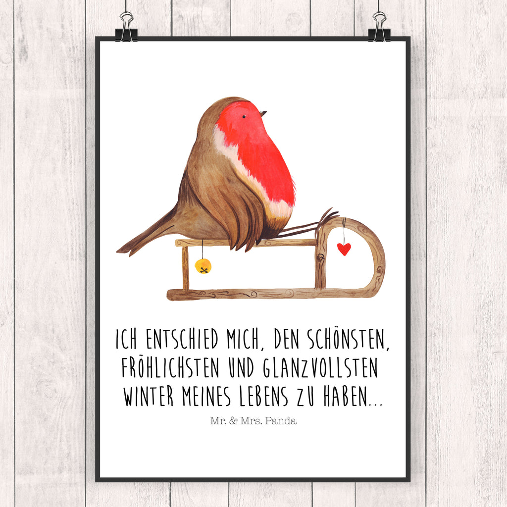 Poster Rotkehlchen Schlitten Poster, Wandposter, Bild, Wanddeko, Küchenposter, Kinderposter, Wanddeko Bild, Raumdekoration, Wanddekoration, Handgemaltes Poster, Mr. & Mrs. Panda Poster, Designposter, Kunstdruck, Posterdruck, Winter, Weihnachten, Weihnachtsdeko, Nikolaus, Advent, Heiligabend, Wintermotiv, Schlitten, Vogel