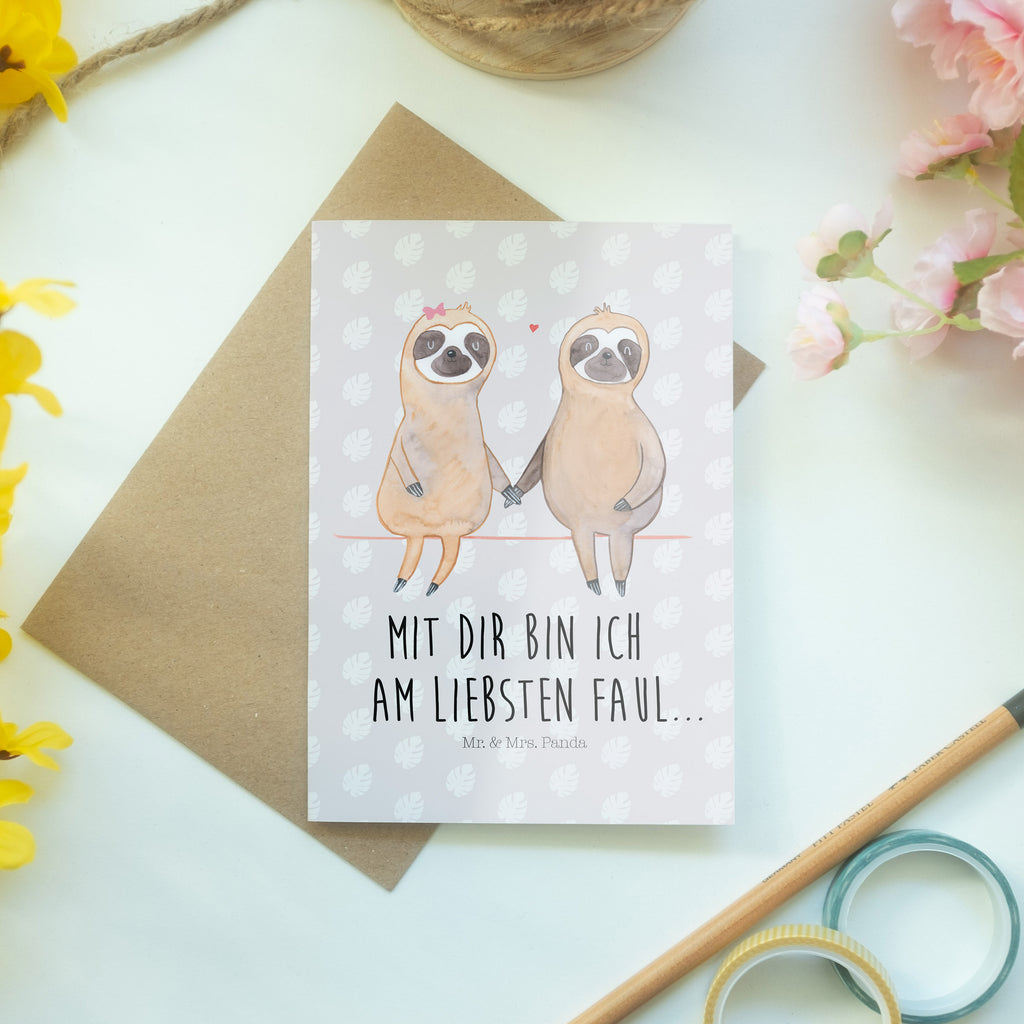 Grußkarte Faultier Pärchen Klappkarte, Einladungskarte, Glückwunschkarte, Hochzeitskarte, Geburtstagskarte, Karte, Faultier, Faultier Geschenk, Faultier Deko, Faultiere, faul, Lieblingstier, Liebe, Liebespaar, Faultierliebe, Faultierpärchen, verliebt, verlobt, gemeinsam, relaxen, Pärchen, Beziehung, Langsamkeit