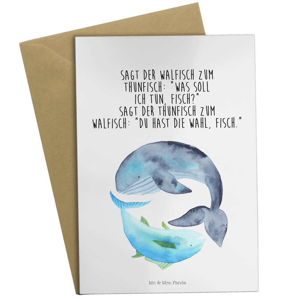 Grußkarte Walfisch & Thunfisch Klappkarte, Einladungskarte, Glückwunschkarte, Hochzeitskarte, Geburtstagskarte, Karte, Tiermotive, Gute Laune, lustige Sprüche, Tiere, Wal, Wahl, Tunfisch, Wortwitz lustig, Spruch lustig, Flachwitz, Witz, Spruch des Tages, Flachwitz Geschenk