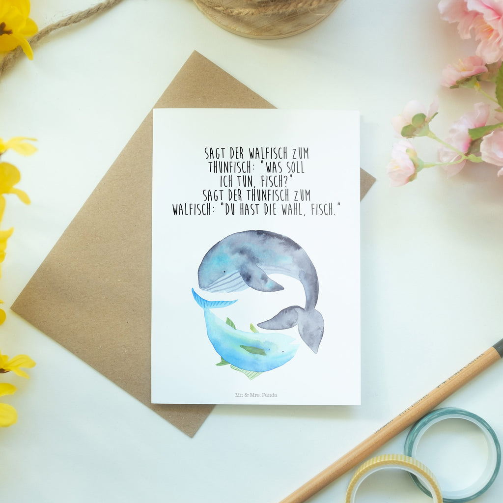 Grußkarte Walfisch & Thunfisch Klappkarte, Einladungskarte, Glückwunschkarte, Hochzeitskarte, Geburtstagskarte, Karte, Tiermotive, Gute Laune, lustige Sprüche, Tiere, Wal, Wahl, Tunfisch, Wortwitz lustig, Spruch lustig, Flachwitz, Witz, Spruch des Tages, Flachwitz Geschenk