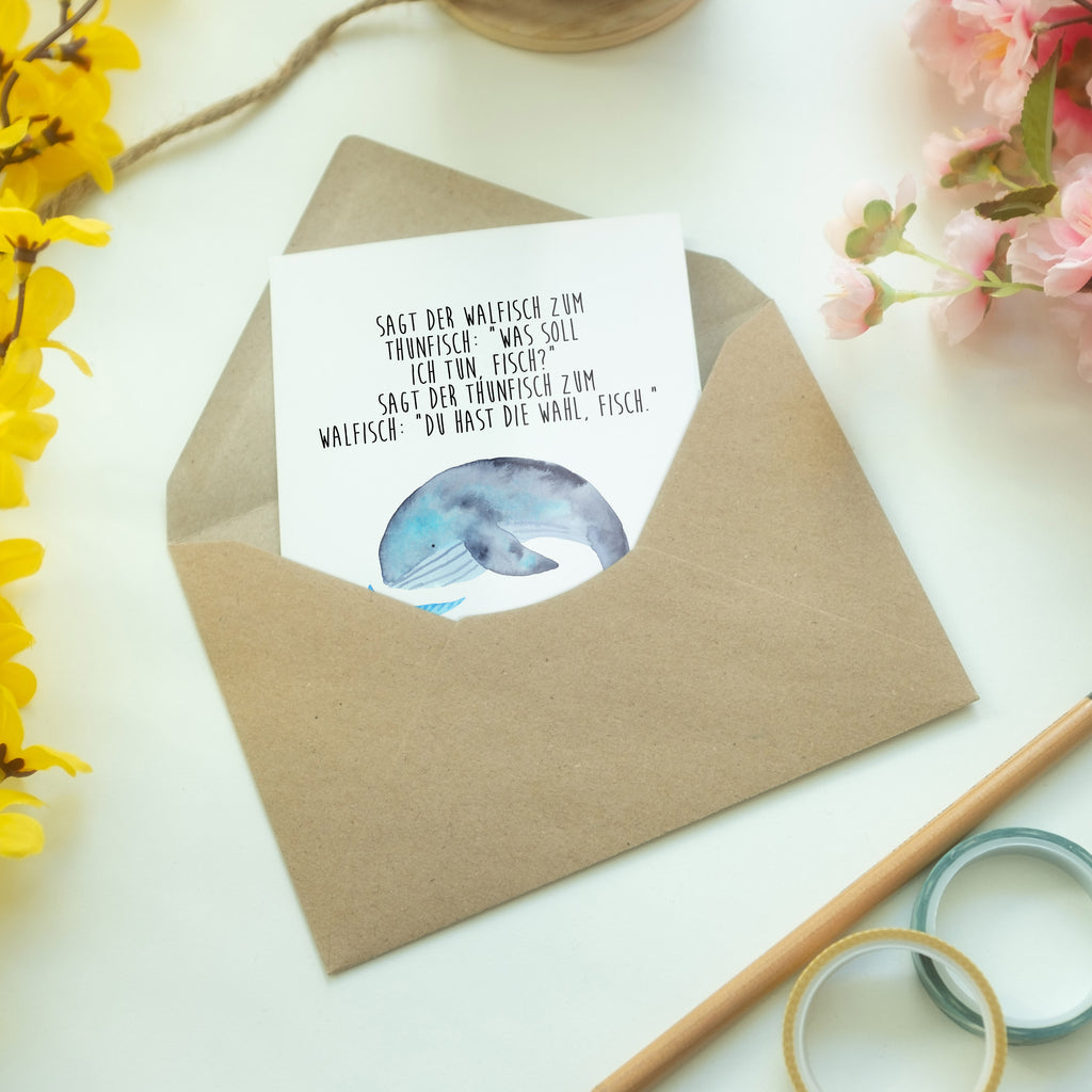 Grußkarte Walfisch & Thunfisch Klappkarte, Einladungskarte, Glückwunschkarte, Hochzeitskarte, Geburtstagskarte, Karte, Tiermotive, Gute Laune, lustige Sprüche, Tiere, Wal, Wahl, Tunfisch, Wortwitz lustig, Spruch lustig, Flachwitz, Witz, Spruch des Tages, Flachwitz Geschenk