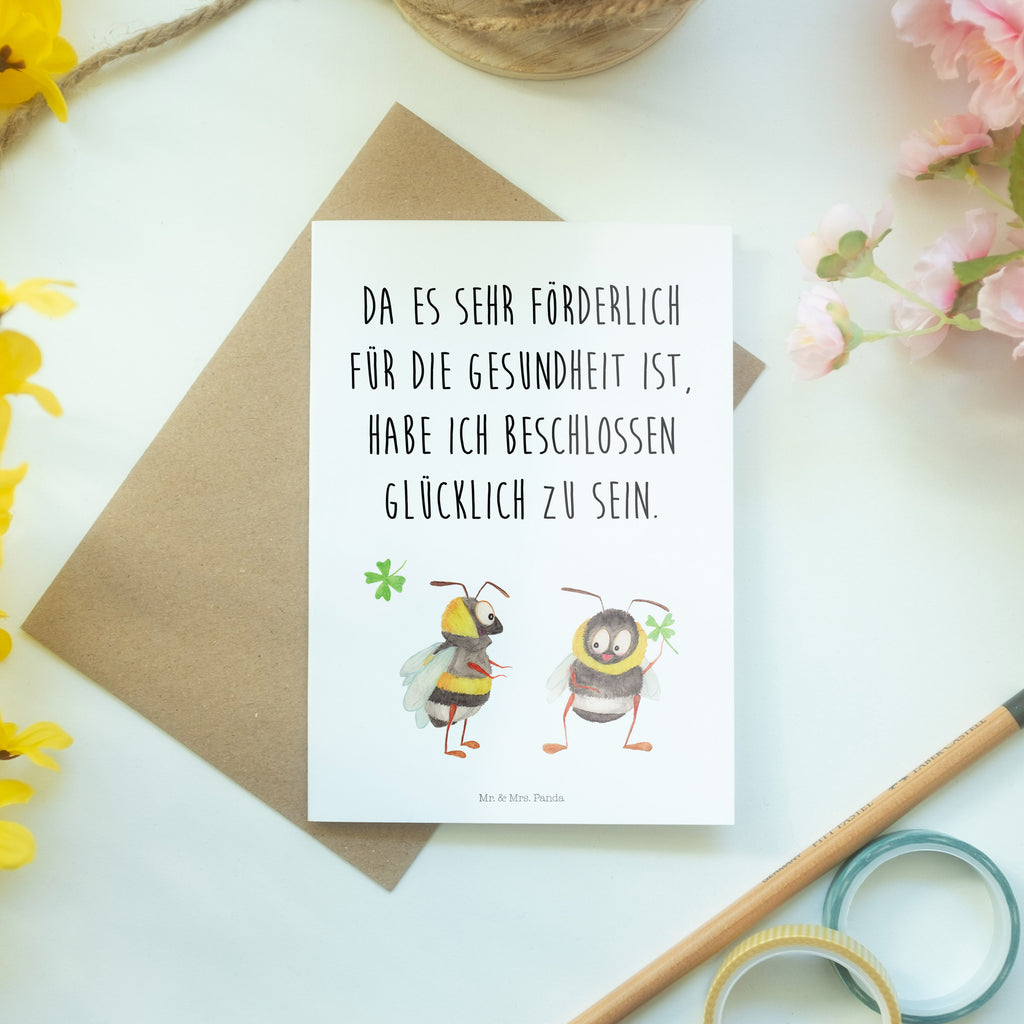 Grußkarte Hummeln mit Kleeblatt Klappkarte, Einladungskarte, Glückwunschkarte, Hochzeitskarte, Geburtstagskarte, Karte, Tiermotive, Gute Laune, lustige Sprüche, Tiere, Hummel, Biene, Spruch positiv, Biene Deko, Spruch schön, glücklich sein, glücklich werden, Spruch fröhlich