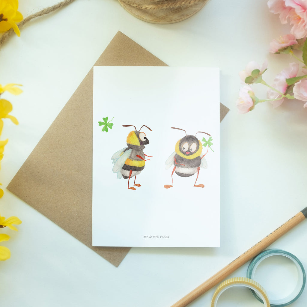 Grußkarte Hummeln mit Kleeblatt Klappkarte, Einladungskarte, Glückwunschkarte, Hochzeitskarte, Geburtstagskarte, Karte, Tiermotive, Gute Laune, lustige Sprüche, Tiere, Hummel, Biene, Spruch positiv, Biene Deko, Spruch schön, glücklich sein, glücklich werden, Spruch fröhlich