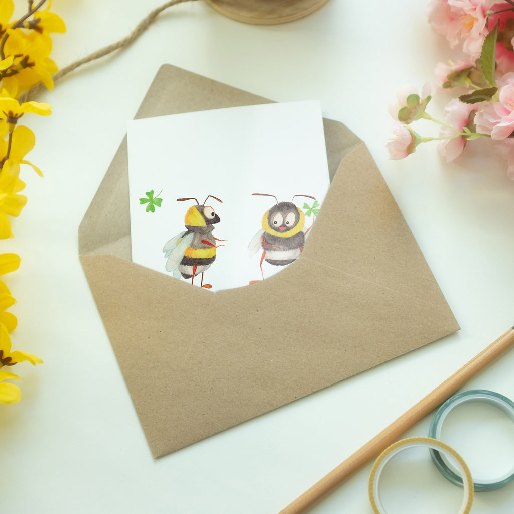 Grußkarte Hummeln mit Kleeblatt Klappkarte, Einladungskarte, Glückwunschkarte, Hochzeitskarte, Geburtstagskarte, Karte, Tiermotive, Gute Laune, lustige Sprüche, Tiere, Hummel, Biene, Spruch positiv, Biene Deko, Spruch schön, glücklich sein, glücklich werden, Spruch fröhlich