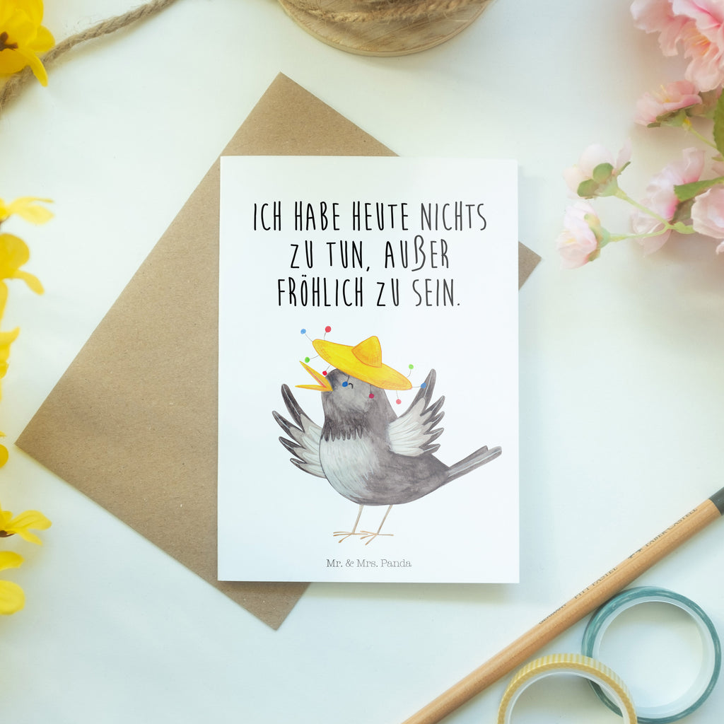 Grußkarte Rabe mit Sombrero Klappkarte, Einladungskarte, Glückwunschkarte, Hochzeitskarte, Geburtstagskarte, Karte, Tiermotive, Gute Laune, lustige Sprüche, Tiere, Rabe, Vogel, Vögel, Spruch positiv, fröhlich sein, glücklich sein, Glück Spruch, froh, Elster, Motivation