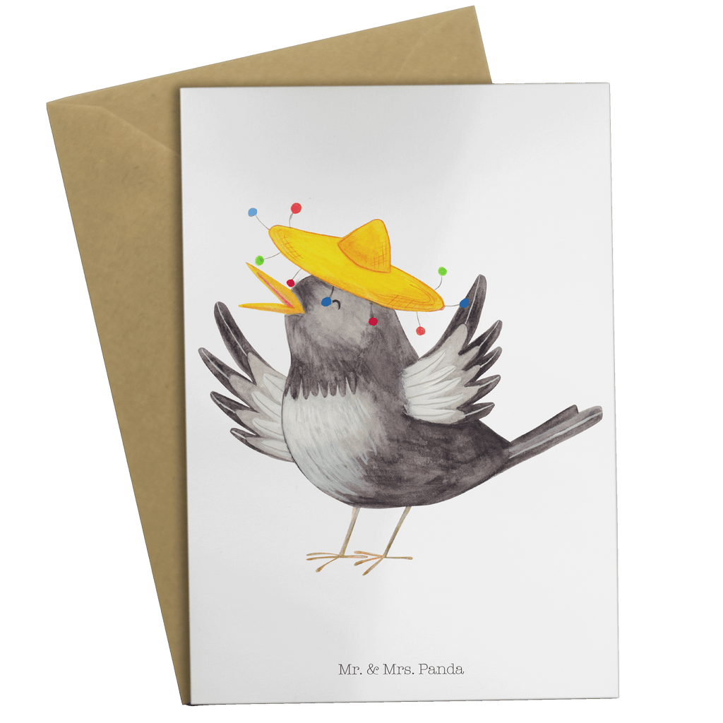 Grußkarte Rabe mit Sombrero Klappkarte, Einladungskarte, Glückwunschkarte, Hochzeitskarte, Geburtstagskarte, Karte, Tiermotive, Gute Laune, lustige Sprüche, Tiere, Rabe, Vogel, Vögel, Spruch positiv, fröhlich sein, glücklich sein, Glück Spruch, froh, Elster, Motivation