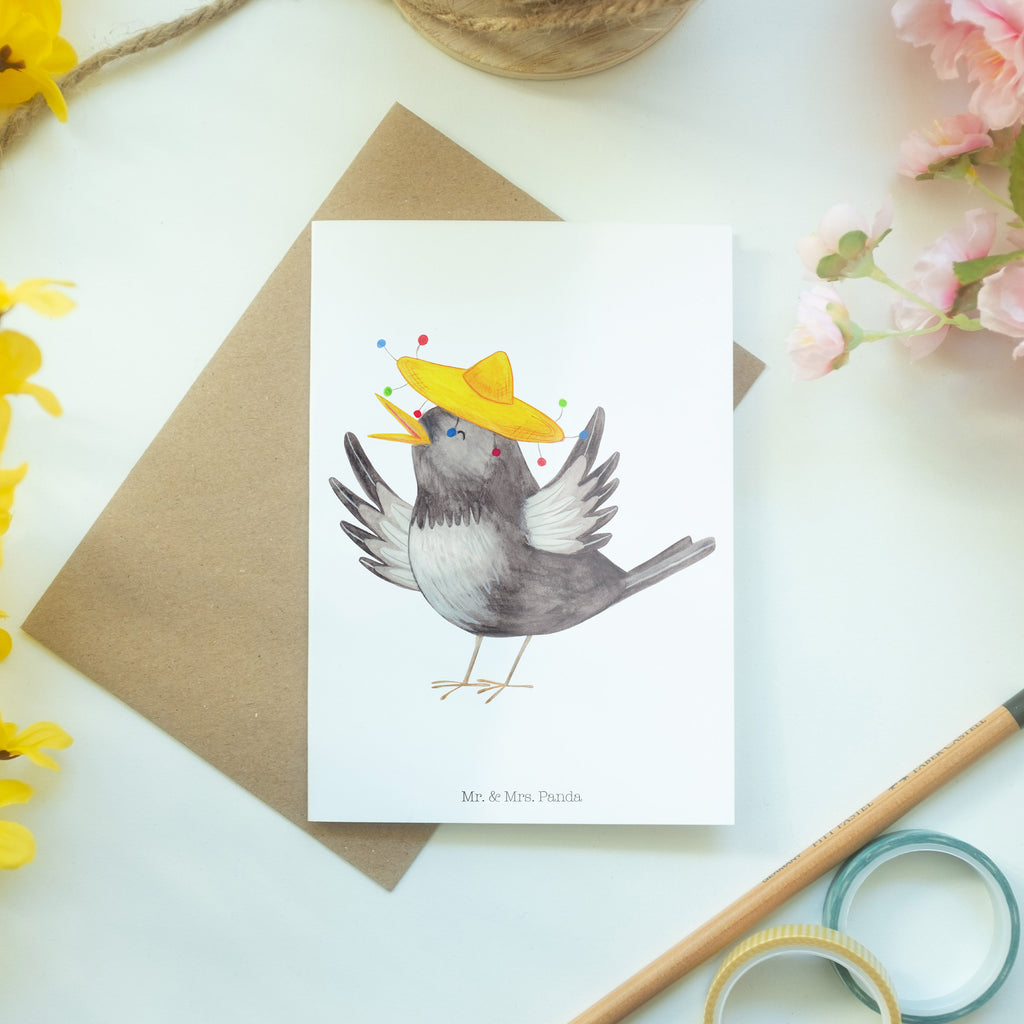 Grußkarte Rabe mit Sombrero Klappkarte, Einladungskarte, Glückwunschkarte, Hochzeitskarte, Geburtstagskarte, Karte, Tiermotive, Gute Laune, lustige Sprüche, Tiere, Rabe, Vogel, Vögel, Spruch positiv, fröhlich sein, glücklich sein, Glück Spruch, froh, Elster, Motivation