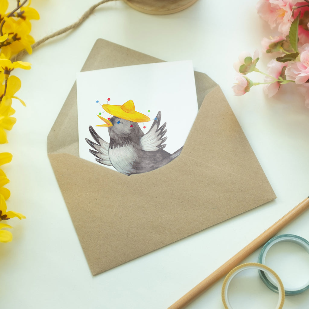 Grußkarte Rabe mit Sombrero Klappkarte, Einladungskarte, Glückwunschkarte, Hochzeitskarte, Geburtstagskarte, Karte, Tiermotive, Gute Laune, lustige Sprüche, Tiere, Rabe, Vogel, Vögel, Spruch positiv, fröhlich sein, glücklich sein, Glück Spruch, froh, Elster, Motivation