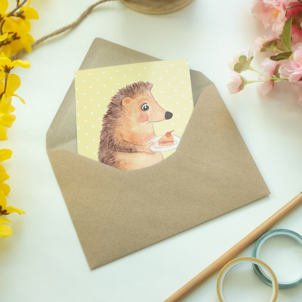 Grußkarte Igel mit Kuchenstück Klappkarte, Einladungskarte, Glückwunschkarte, Hochzeitskarte, Geburtstagskarte, Karte, Tiermotive, Gute Laune, lustige Sprüche, Tiere, Igel, Essen Spruch, Kuchen, Backen Geschenk, Kuchen backen, Einladung Party, Geburtstagskuchen, Torte