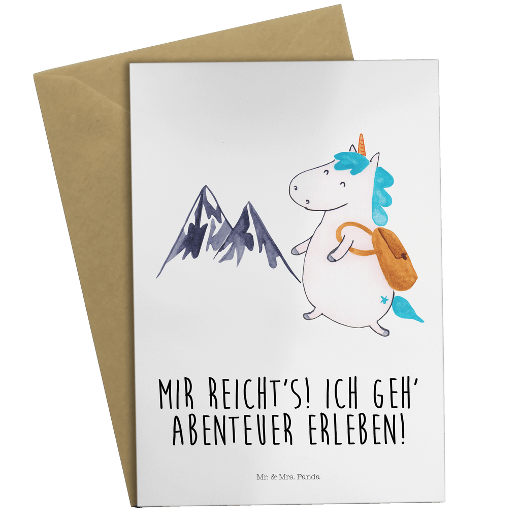 Grußkarte Einhorn Bergsteiger Klappkarte, Einladungskarte, Glückwunschkarte, Hochzeitskarte, Geburtstagskarte, Karte, Einhorn, Einhörner, Einhorn Deko, Pegasus, Unicorn, Bergsteiger, Abenteuer, Berge, Abenteurer, Weltenbummler, Weltreise, Reisen, Urlaub, Entdecker