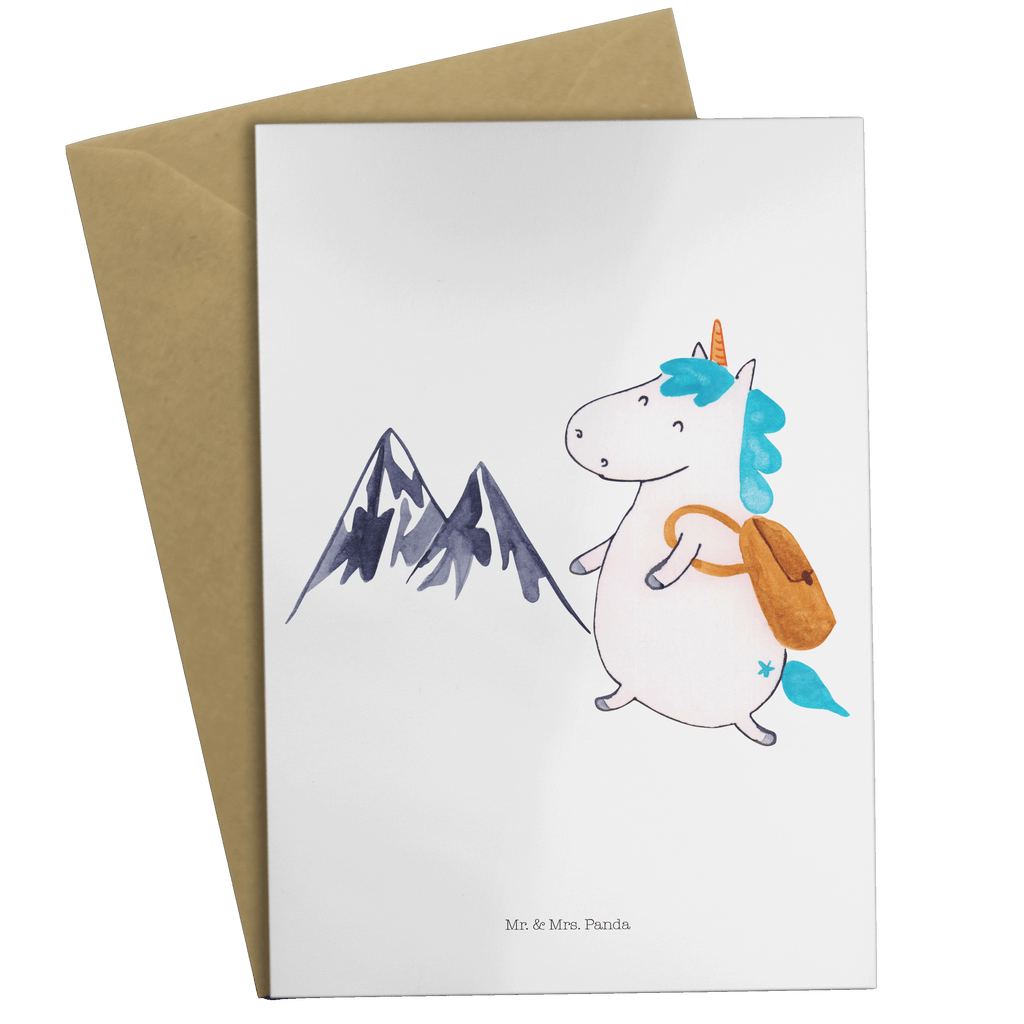 Grußkarte Einhorn Bergsteiger Klappkarte, Einladungskarte, Glückwunschkarte, Hochzeitskarte, Geburtstagskarte, Karte, Einhorn, Einhörner, Einhorn Deko, Pegasus, Unicorn, Bergsteiger, Abenteuer, Berge, Abenteurer, Weltenbummler, Weltreise, Reisen, Urlaub, Entdecker