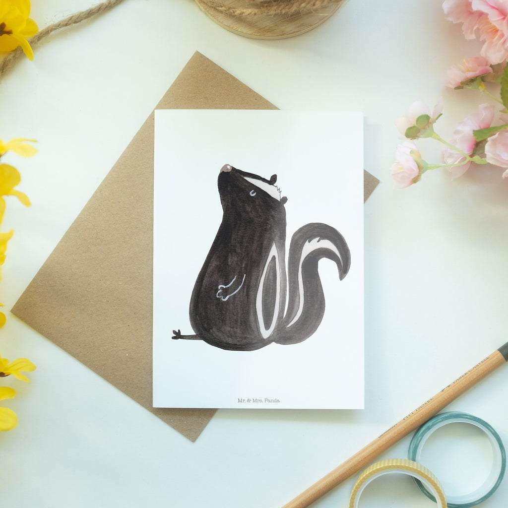 Grußkarte Stinktier sitzend Klappkarte, Einladungskarte, Glückwunschkarte, Hochzeitskarte, Geburtstagskarte, Karte, Stinktier, Skunk, Wildtier, Raubtier, Stinker, Stinki, Spruch, Büro, Recht, Besserwisser