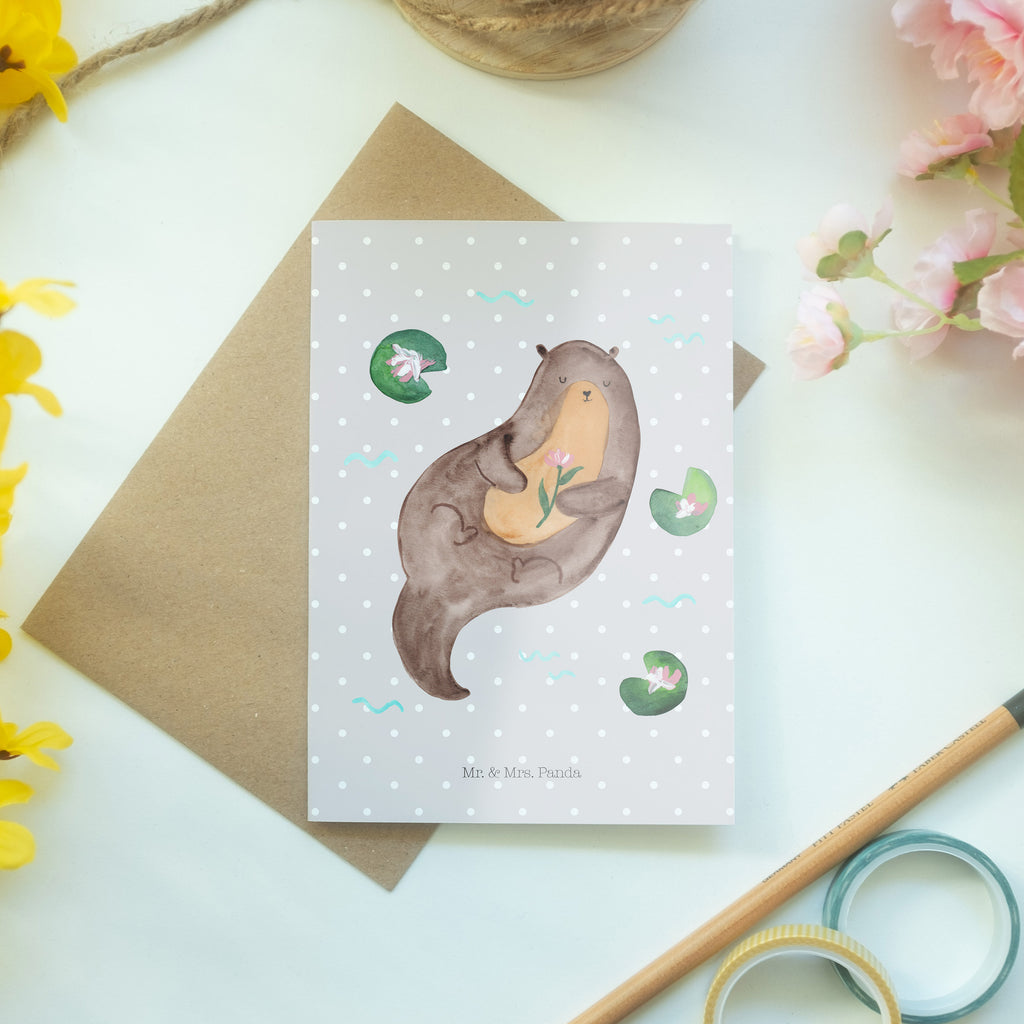 Grußkarte Otter mit Seerose Klappkarte, Einladungskarte, Glückwunschkarte, Hochzeitskarte, Geburtstagskarte, Karte, Otter, Fischotter, Seeotter, Otter Seeotter See Otter