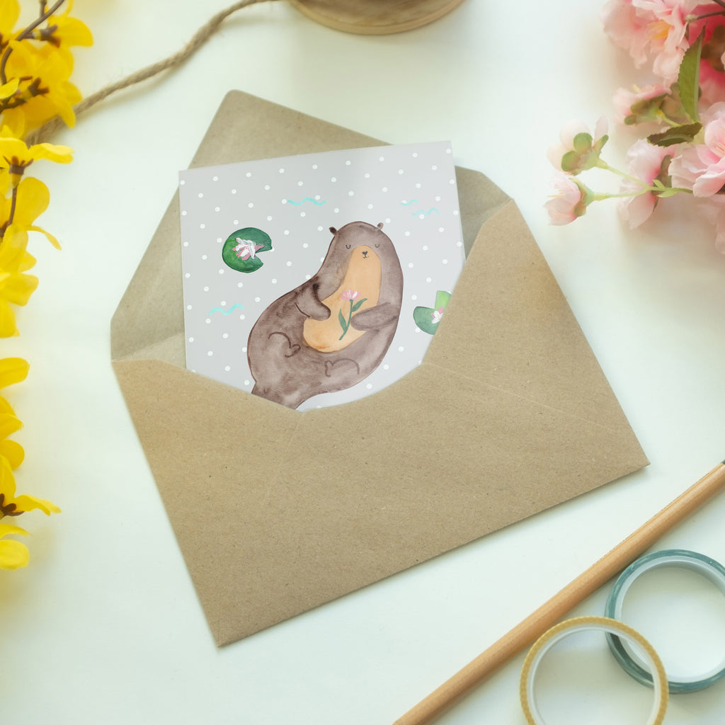 Grußkarte Otter mit Seerose Klappkarte, Einladungskarte, Glückwunschkarte, Hochzeitskarte, Geburtstagskarte, Karte, Otter, Fischotter, Seeotter, Otter Seeotter See Otter