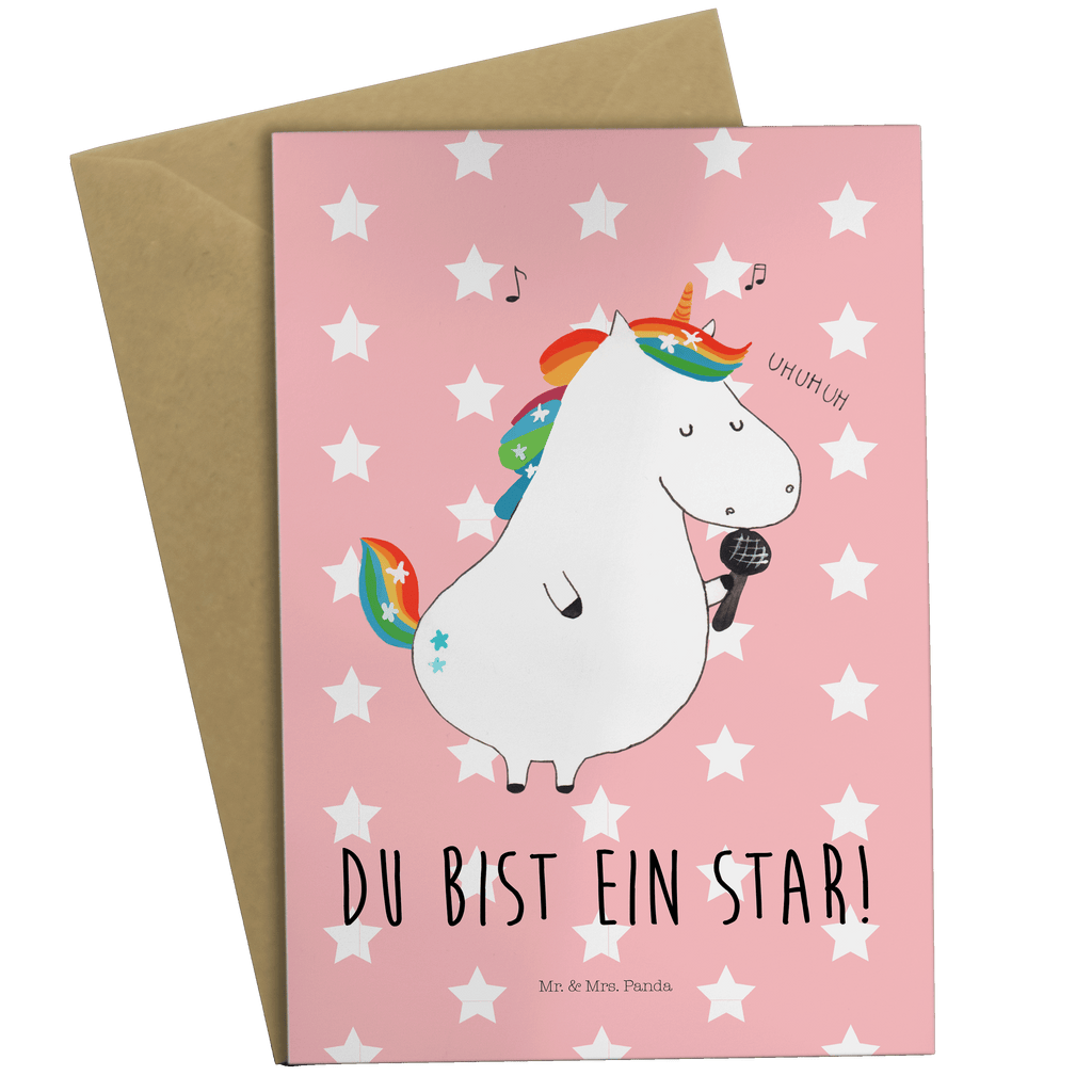 Grußkarte Einhorn Sänger Klappkarte, Einladungskarte, Glückwunschkarte, Hochzeitskarte, Geburtstagskarte, Karte, Einhorn, Einhörner, Einhorn Deko, Pegasus, Unicorn, Glitzer, Konfetti, Party, Geburtstag, Feier, Fest, Disco, Sängerin, Sänger, Freundin