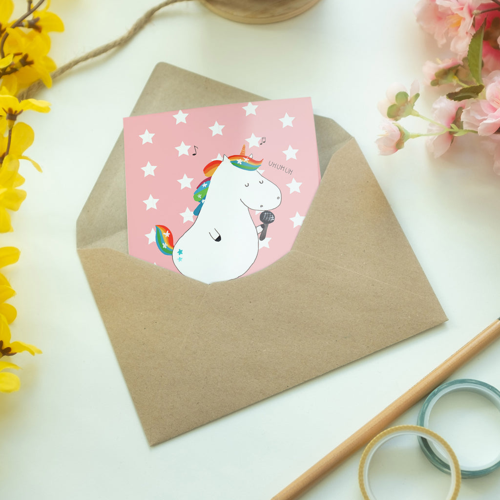 Grußkarte Einhorn Sänger Klappkarte, Einladungskarte, Glückwunschkarte, Hochzeitskarte, Geburtstagskarte, Karte, Einhorn, Einhörner, Einhorn Deko, Pegasus, Unicorn, Glitzer, Konfetti, Party, Geburtstag, Feier, Fest, Disco, Sängerin, Sänger, Freundin