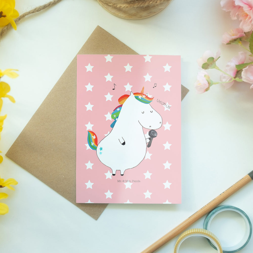 Grußkarte Einhorn Sänger Klappkarte, Einladungskarte, Glückwunschkarte, Hochzeitskarte, Geburtstagskarte, Karte, Einhorn, Einhörner, Einhorn Deko, Pegasus, Unicorn, Glitzer, Konfetti, Party, Geburtstag, Feier, Fest, Disco, Sängerin, Sänger, Freundin
