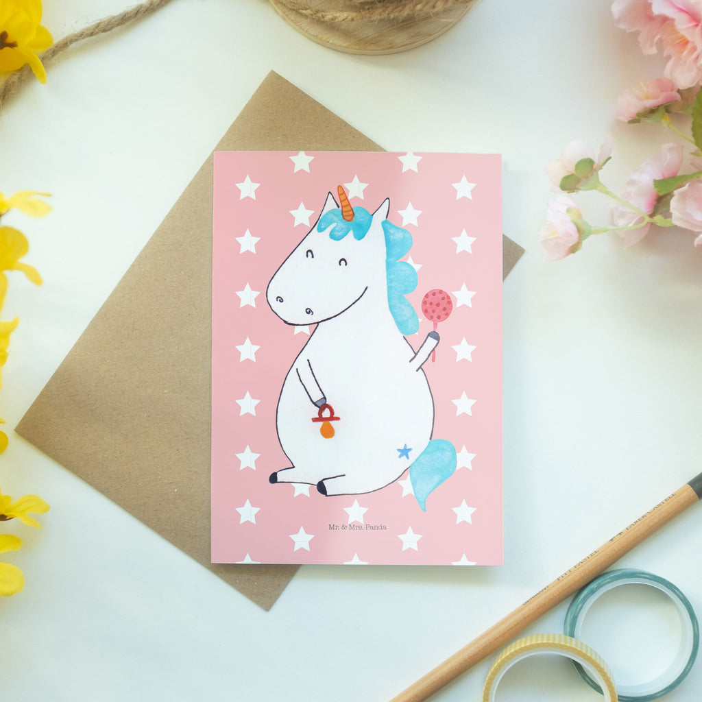 Grußkarte Einhorn Baby Klappkarte, Einladungskarte, Glückwunschkarte, Hochzeitskarte, Geburtstagskarte, Karte, Einhorn, Einhörner, Einhorn Deko, Pegasus, Unicorn, Mutter, Geburt, Geburtstag, erstes Kind, Baby, Babyglück, Nachwuchs, Eltern, Party, Kind, Schnuller