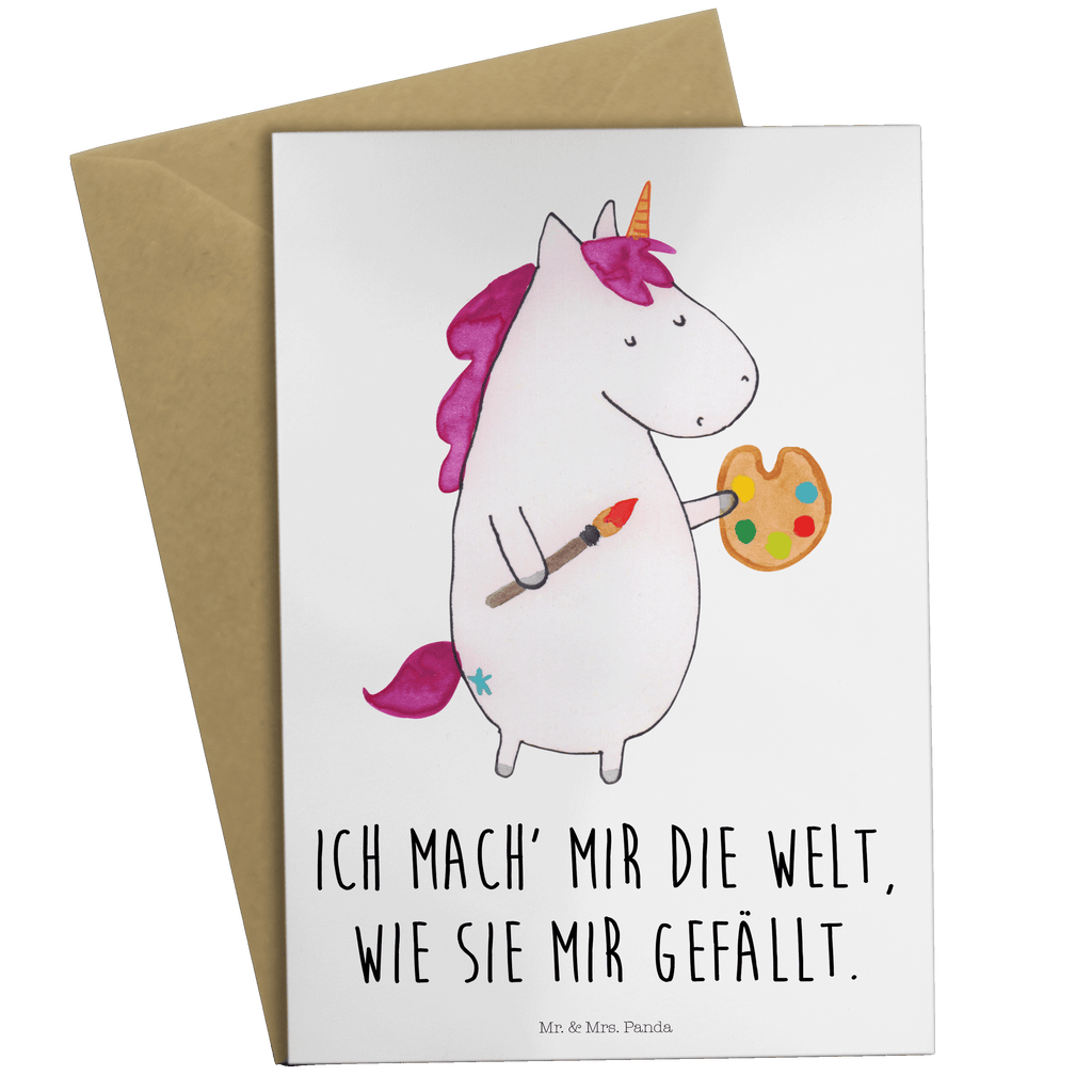 Grußkarte Einhorn Künstler Klappkarte, Einladungskarte, Glückwunschkarte, Hochzeitskarte, Geburtstagskarte, Karte, Einhorn, Einhörner, Einhorn Deko, Pegasus, Unicorn, Englisch, Künstler, Artist, Malen, Zeichnen, Welt, Farbe, Stift, Pinsel, Geschenk, Maler