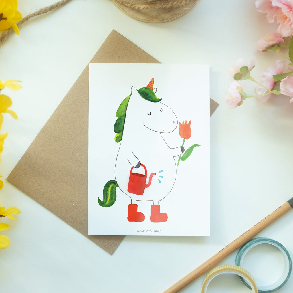 Grußkarte Einhorn Gärtner Klappkarte, Einladungskarte, Glückwunschkarte, Hochzeitskarte, Geburtstagskarte, Karte, Einhorn, Einhörner, Einhorn Deko, Pegasus, Unicorn, Luftballon, Gießkanne, Giesskanne, Lebenslust, Freude, Blume, Freundin, Garten, Stiefel