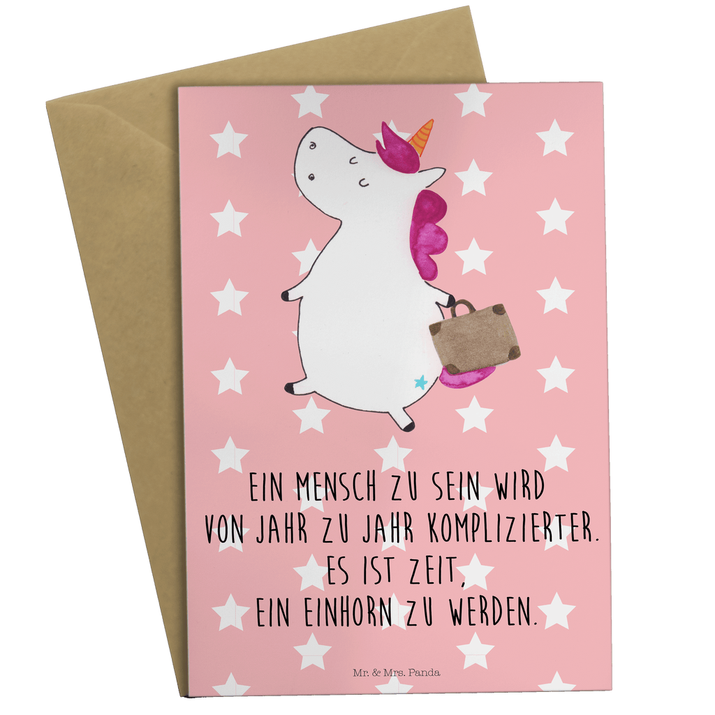 Grußkarte Einhorn Koffer Klappkarte, Einladungskarte, Glückwunschkarte, Hochzeitskarte, Geburtstagskarte, Karte, Einhorn, Einhörner, Einhorn Deko, Pegasus, Unicorn, unicorn, Koffer, Verreisen, Reise, Gepäck, Abenteuer, Erwachsen, Kind, albern, Spaß, lustig, witzig