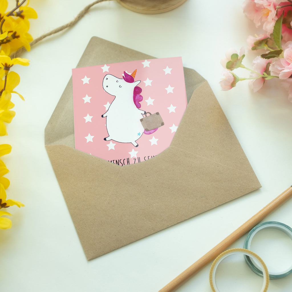 Grußkarte Einhorn Koffer Klappkarte, Einladungskarte, Glückwunschkarte, Hochzeitskarte, Geburtstagskarte, Karte, Einhorn, Einhörner, Einhorn Deko, Pegasus, Unicorn, unicorn, Koffer, Verreisen, Reise, Gepäck, Abenteuer, Erwachsen, Kind, albern, Spaß, lustig, witzig