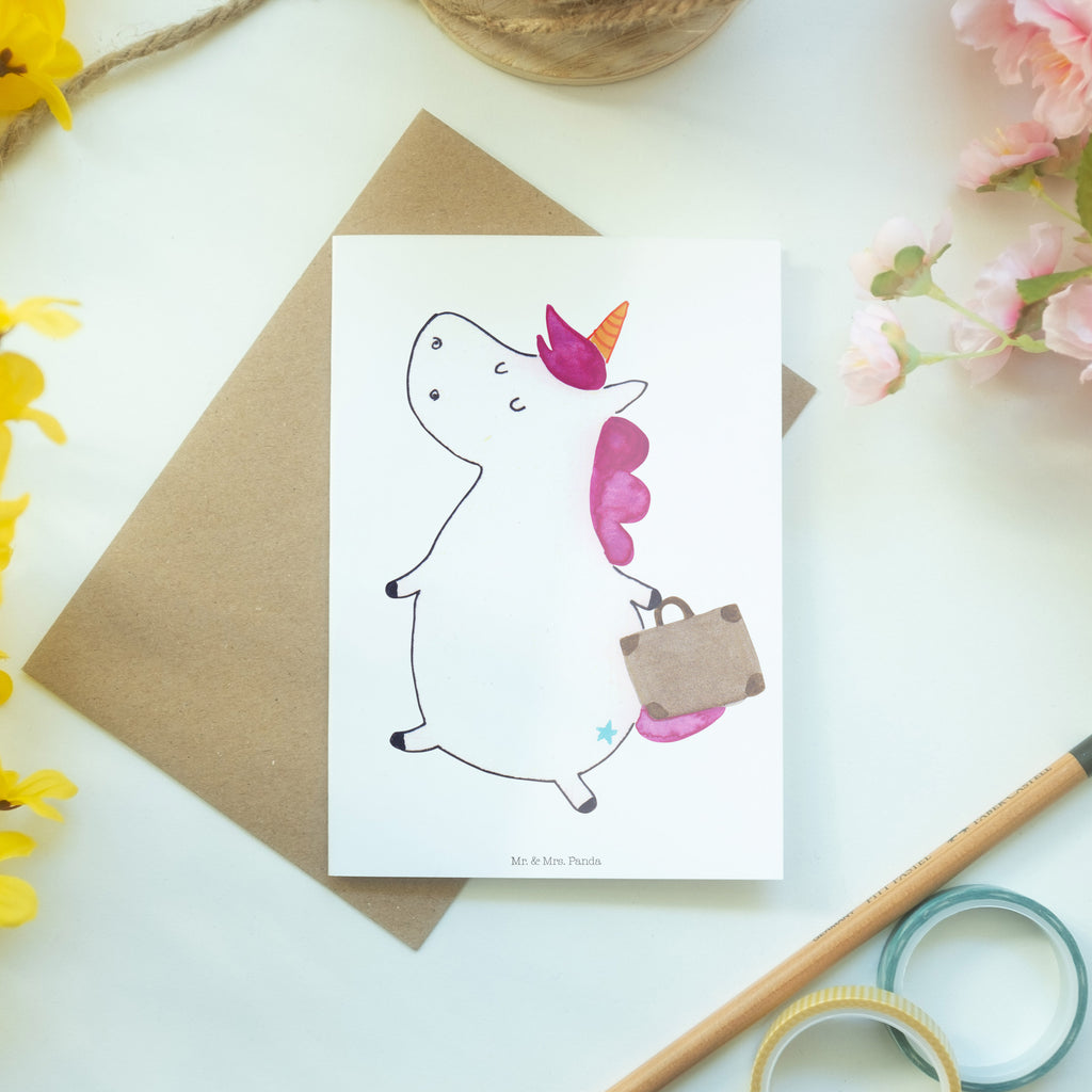 Grußkarte Einhorn Koffer Klappkarte, Einladungskarte, Glückwunschkarte, Hochzeitskarte, Geburtstagskarte, Karte, Einhorn, Einhörner, Einhorn Deko, Pegasus, Unicorn, unicorn, Koffer, Verreisen, Reise, Gepäck, Abenteuer, Erwachsen, Kind, albern, Spaß, lustig, witzig