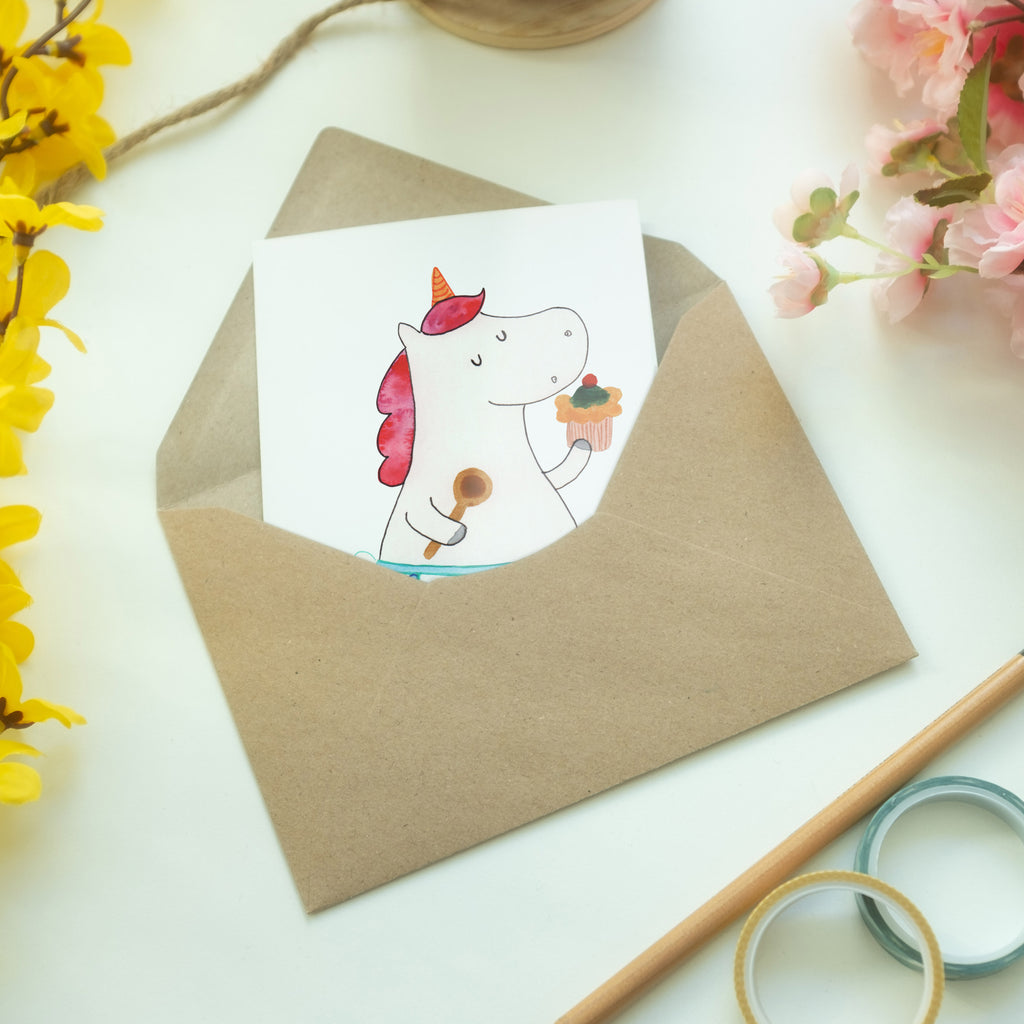 Grußkarte Einhorn Küchenfee Klappkarte, Einladungskarte, Glückwunschkarte, Hochzeitskarte, Geburtstagskarte, Karte, Einhorn, Einhörner, Einhorn Deko, Pegasus, Unicorn, backen, Muffin, Motivation, Träumer, träumen, Bäckerin, Hobbykoch, Koch, Torte, Kuchen