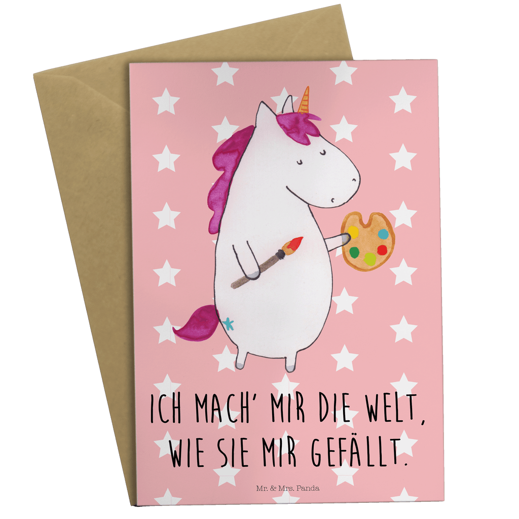 Grußkarte Einhorn Künstler Klappkarte, Einladungskarte, Glückwunschkarte, Hochzeitskarte, Geburtstagskarte, Karte, Einhorn, Einhörner, Einhorn Deko, Pegasus, Unicorn, Englisch, Künstler, Artist, Malen, Zeichnen, Welt, Farbe, Stift, Pinsel, Geschenk, Maler