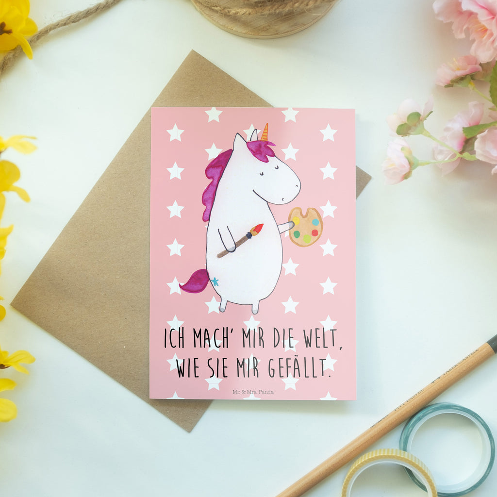 Grußkarte Einhorn Künstler Klappkarte, Einladungskarte, Glückwunschkarte, Hochzeitskarte, Geburtstagskarte, Karte, Einhorn, Einhörner, Einhorn Deko, Pegasus, Unicorn, Englisch, Künstler, Artist, Malen, Zeichnen, Welt, Farbe, Stift, Pinsel, Geschenk, Maler