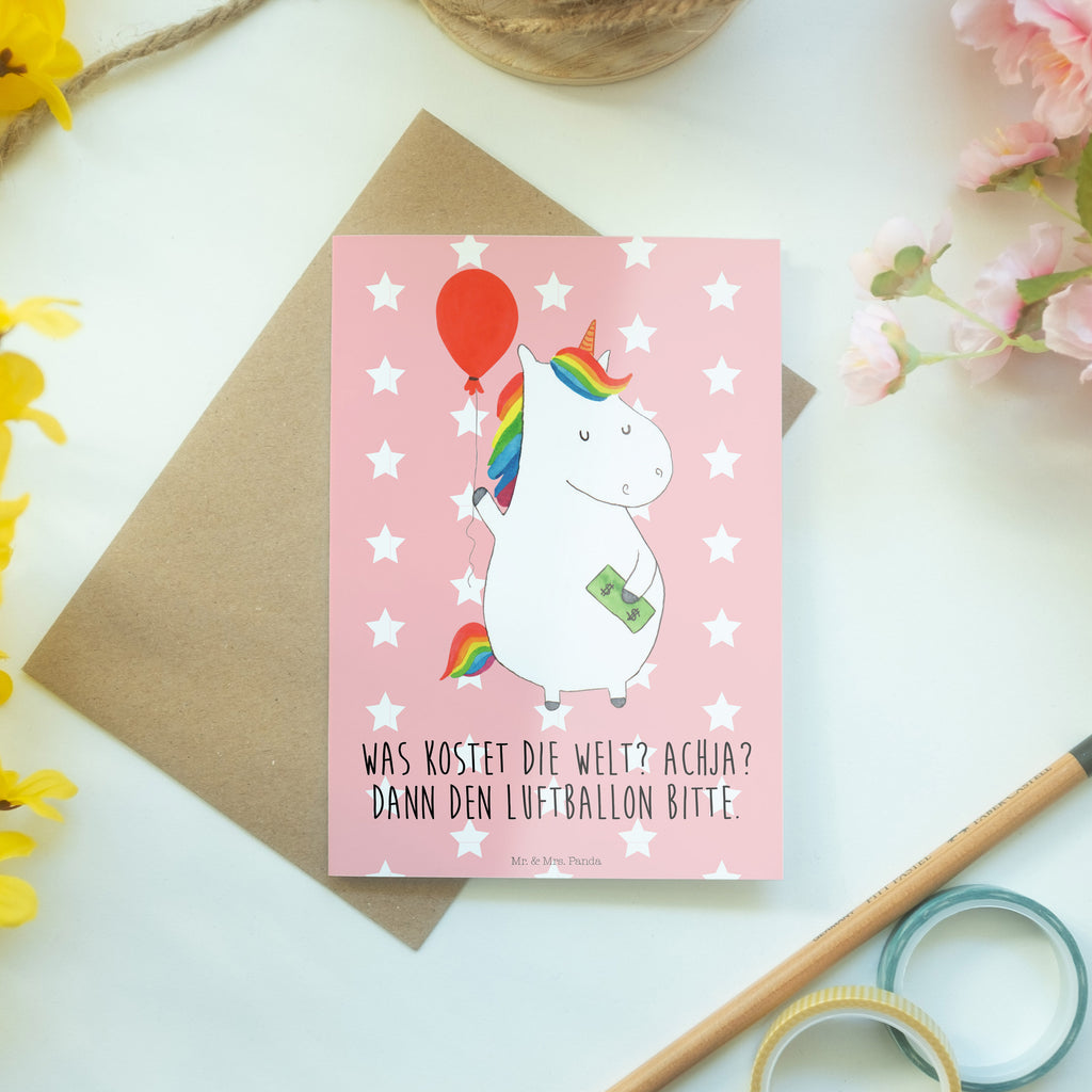 Grußkarte Einhorn Luftballon Klappkarte, Einladungskarte, Glückwunschkarte, Hochzeitskarte, Geburtstagskarte, Karte, Einhorn, Einhörner, Einhorn Deko, Pegasus, Unicorn, Luftballon, Geld, Lebenslust, Freude, Geschenk, Freundin