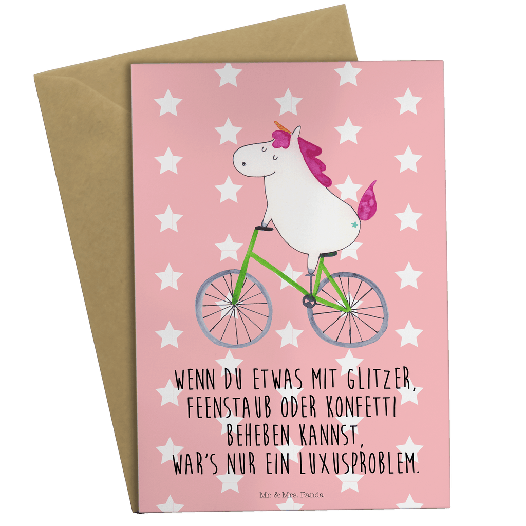 Grußkarte Einhorn Radfahrer Klappkarte, Einladungskarte, Glückwunschkarte, Hochzeitskarte, Geburtstagskarte, Karte, Einhorn, Einhörner, Einhorn Deko, Pegasus, Unicorn, Radfahren, Radfahrer, Rad, Bike, Feenstaub, Konfetti, Luxusproblem, Kummer, Liebeskummer