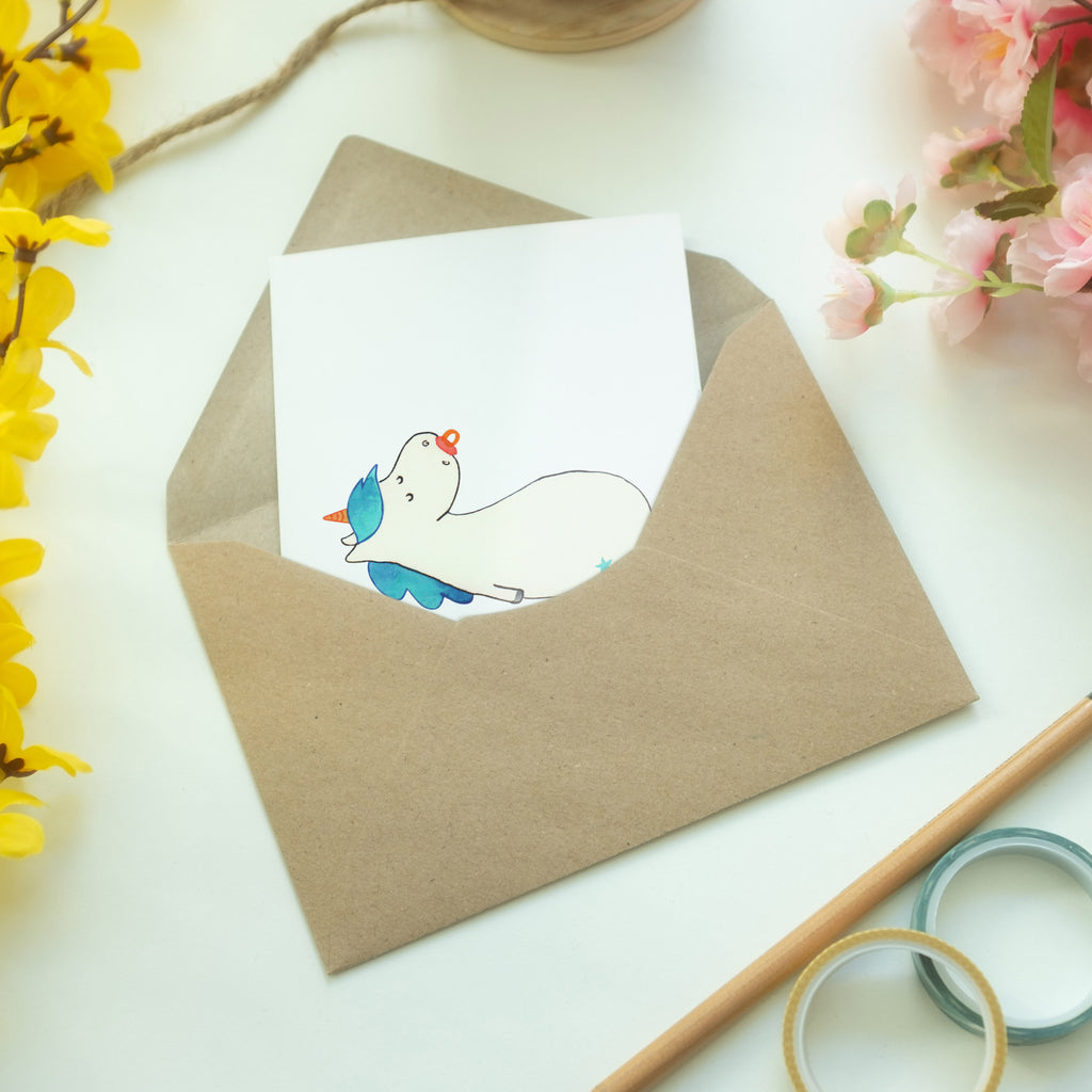 Grußkarte Einhorn Schnullie Klappkarte, Einladungskarte, Glückwunschkarte, Hochzeitskarte, Geburtstagskarte, Karte, Einhorn, Einhörner, Einhorn Deko, Pegasus, Unicorn, Baby, Kleinkind, Geburt, Geburtstag, Säugling, Schnuller, Geschenk Geburt, Mutter, Mama