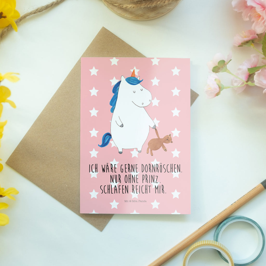 Grußkarte Einhorn Teddy Klappkarte, Einladungskarte, Glückwunschkarte, Hochzeitskarte, Geburtstagskarte, Karte, Einhorn, Einhörner, Einhorn Deko, Pegasus, Unicorn, schlafen, gute Nacht, Single, Bett, Träumen, Freundin, Singleleben