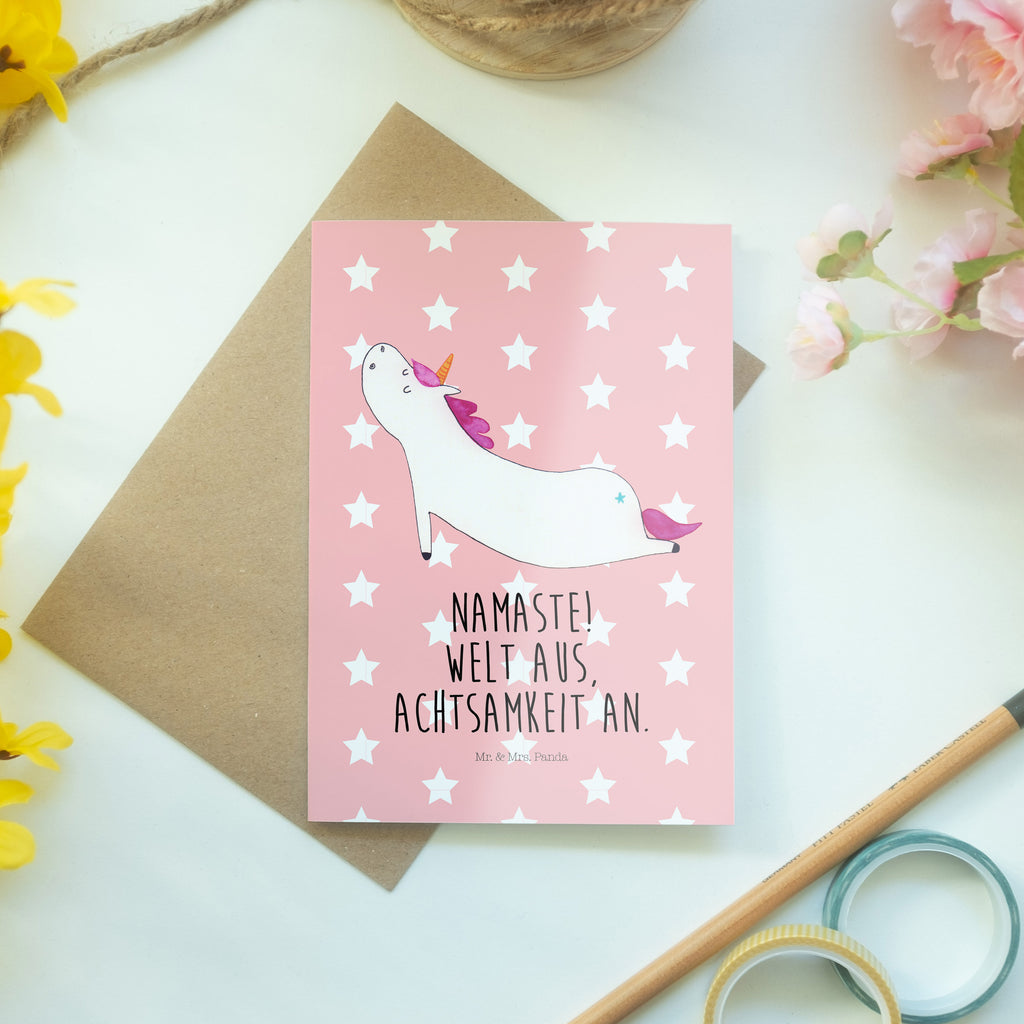 Grußkarte Einhorn Yoga Klappkarte, Einladungskarte, Glückwunschkarte, Hochzeitskarte, Geburtstagskarte, Karte, Einhorn, Einhörner, Einhorn Deko, Pegasus, Unicorn, Yoga, Namaste, Achtsamkeit, Entspannung, Joga, Yogamatte, Sport, lustig, witzig, süß