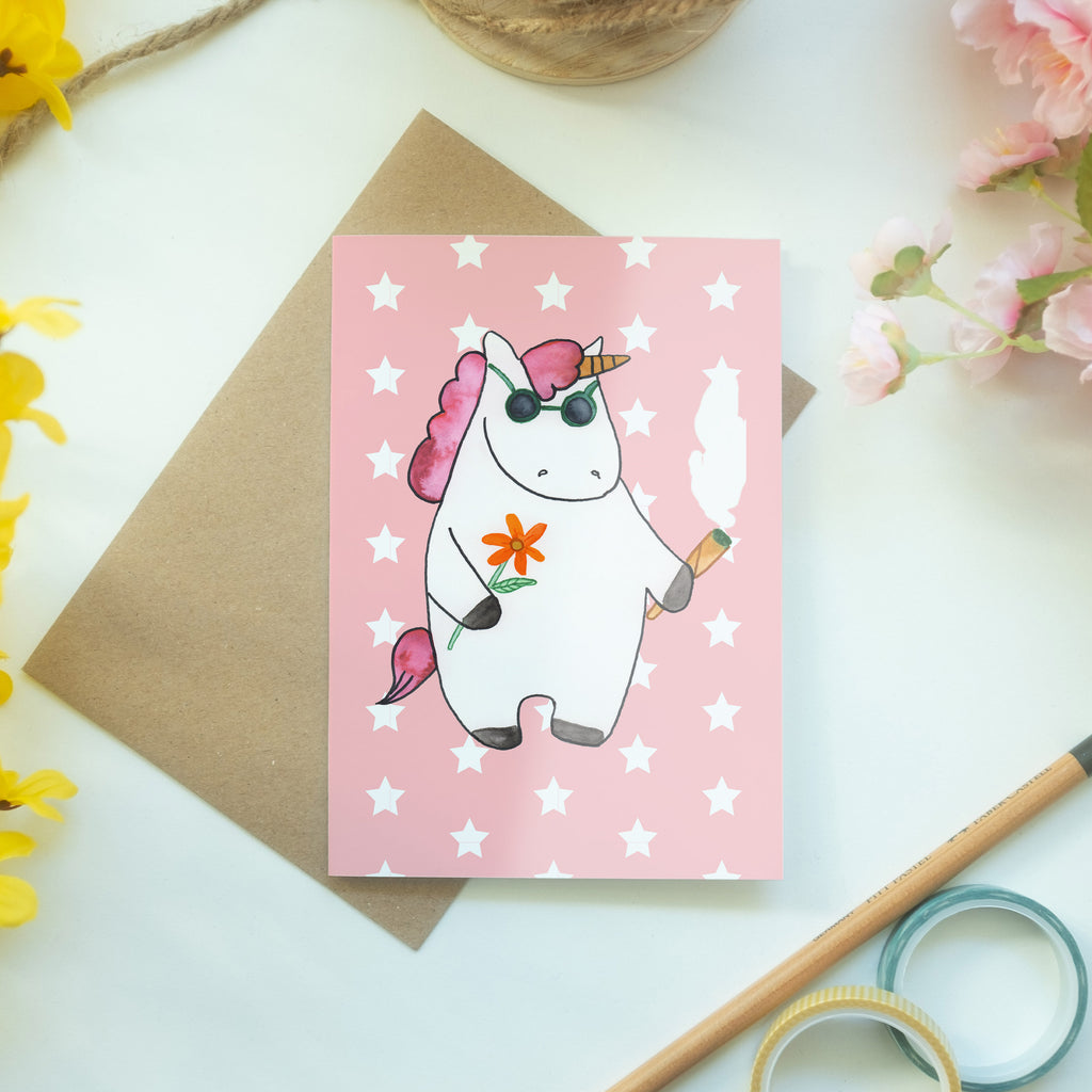 Grußkarte Einhorn Woodstock Klappkarte, Einladungskarte, Glückwunschkarte, Hochzeitskarte, Geburtstagskarte, Karte, Einhorn, Einhörner, Einhorn Deko, Pegasus, Unicorn, Kiffen, Joint, Zigarette, Alkohol, Party, Spaß. lustig, witzig, Woodstock