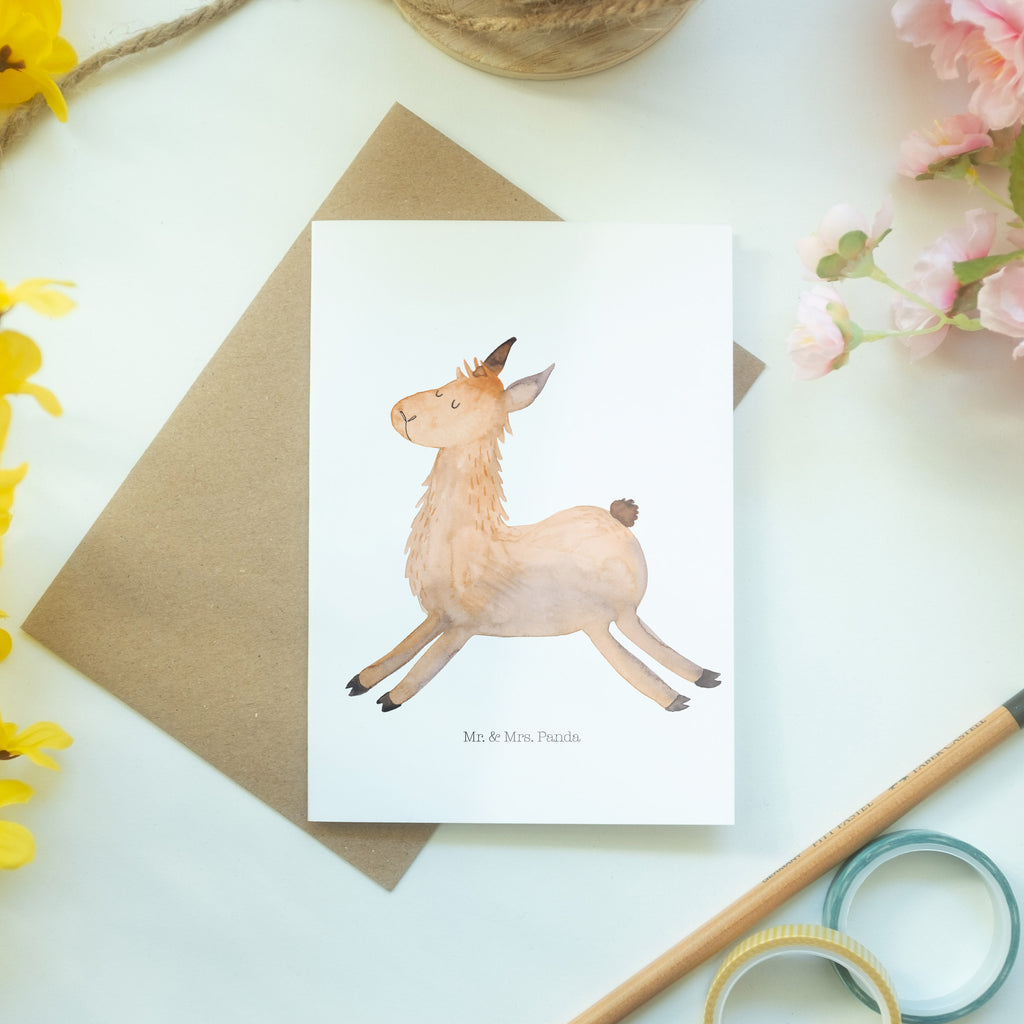 Grußkarte Lama springend Klappkarte, Einladungskarte, Glückwunschkarte, Hochzeitskarte, Geburtstagskarte, Karte, Lama, Alpaka, Lamas, Lieblingstag, Happy day, fröhlich, Glück, Freundin, Liebeskummer, Neustart, guten Morgen, Start, Prüfung, Abitur