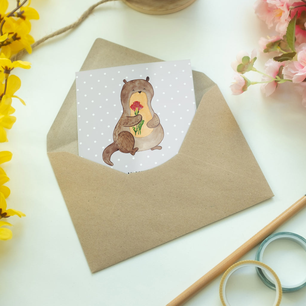 Grußkarte Otter Blumenstrauß Klappkarte, Einladungskarte, Glückwunschkarte, Hochzeitskarte, Geburtstagskarte, Karte, Otter, Fischotter, Seeotter, Otter Seeotter See Otter